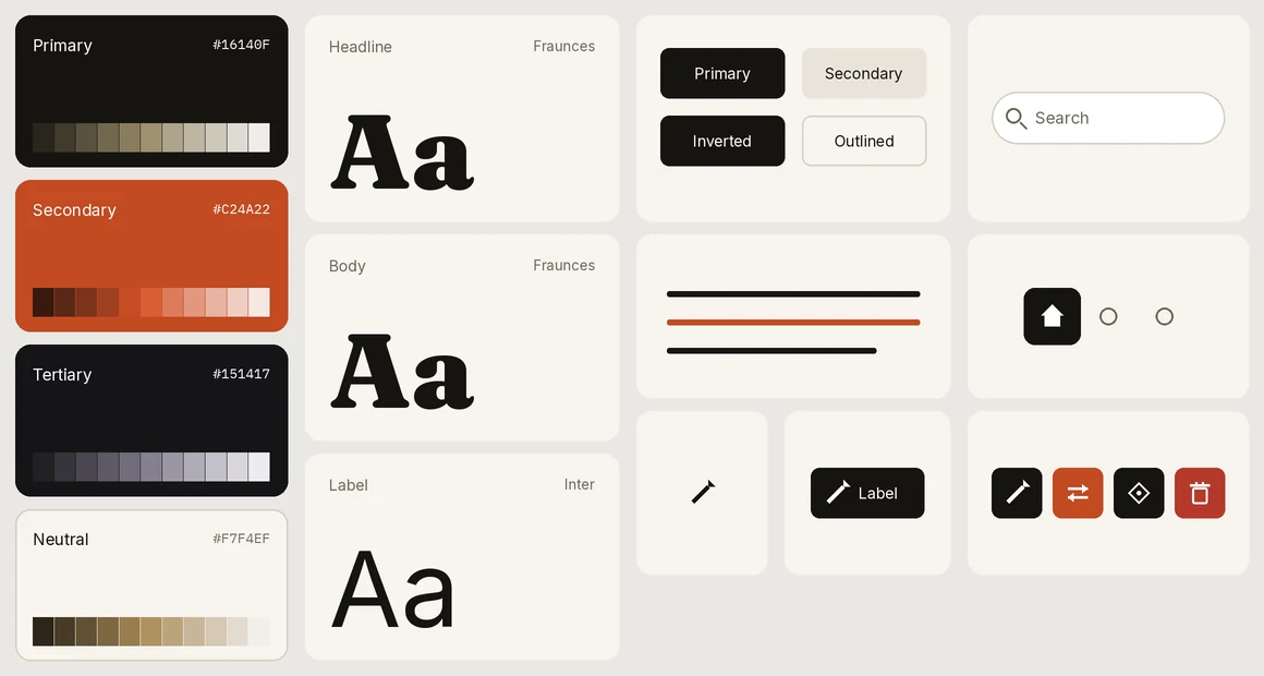 The generated brand "The Signal Brief", rendered from its design.md tokens: colour cards, type specimens, and components.
